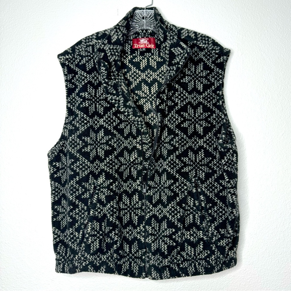 True Grit Black and White Bear Stripe Vest Snowflake Fleece Zip Up Vest‎ Size M